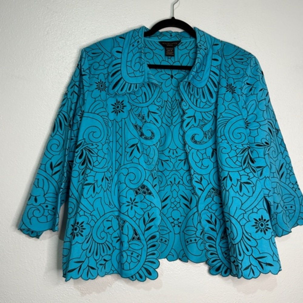 SilkLand Turquoise Floral Cotton Cut-Out Jacket. Sz 1X.